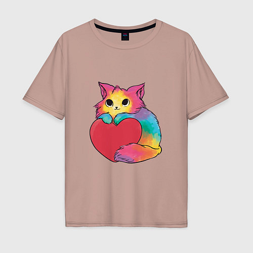 Мужская футболка оверсайз Влюбленный котик держит сердце / Пыльно-розовый – фото 1