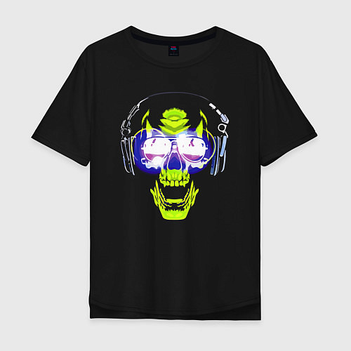 Мужская футболка оверсайз Neon skull - music lover / Черный – фото 1