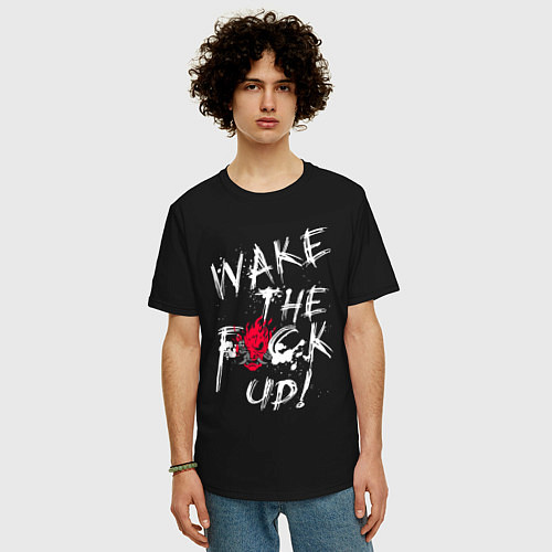 Мужская футболка оверсайз WAKE THE F*CK UP! CYBERPUNK КИБЕРПАНК / Черный – фото 3