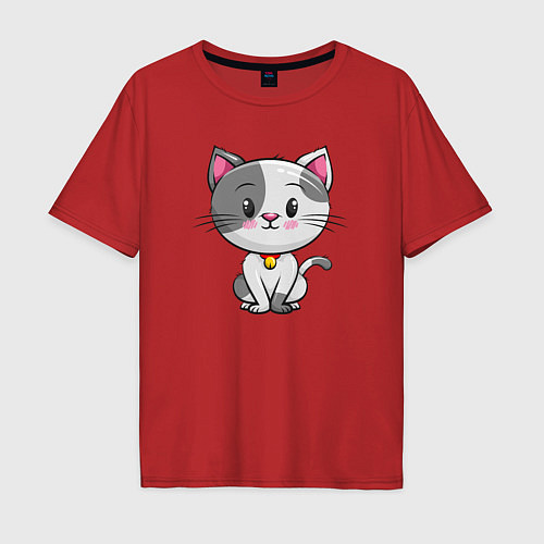 Мужская футболка оверсайз Серый маленький котенок / Красный – фото 1