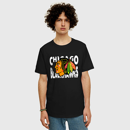 Мужская футболка оверсайз Чикаго Блэкхокс, Chicago Blackhawks / Черный – фото 3