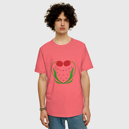 Мужская футболка оверсайз Тюльпановое сердце и бабочки / Коралловый – фото 3