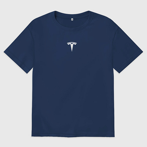 Мужская футболка оверсайз TESLA WHITE LOGO МИНИМАЛИЗМ / Тёмно-синий – фото 1