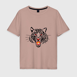 Мужская футболка оверсайз Агрессивный тигр с монетой Шиба ину в пасти