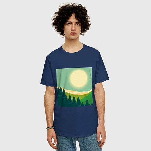 Мужская футболка оверсайз Пейзаж и яркое солнце / Тёмно-синий – фото 3