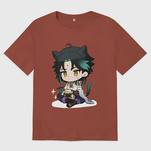 Мужская футболка оверсайз Особое блюдо для котика Сяо / Кирпичный – фото 1