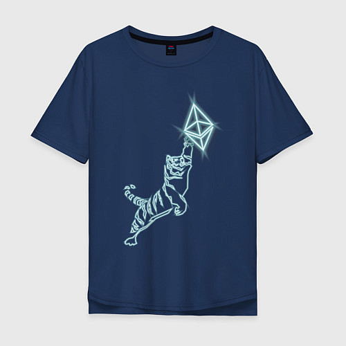 Мужская футболка оверсайз Этереум с тигром в неоновом свечении / Тёмно-синий – фото 1