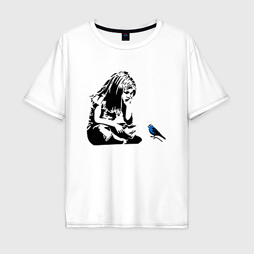 Мужская футболка оверсайз BANKSY girl with blue bird БЭНКСИ девочка с синей / Белый – фото 1