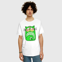 Футболка оверсайз мужская Прикольный зеленый кот, цвет: белый — фото 2