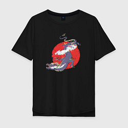 Мужская футболка оверсайз Дизайн с драконом на фоне красного солнца с эффект