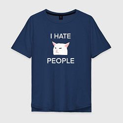 Мужская футболка оверсайз I hate people, текст с белым мемным котом