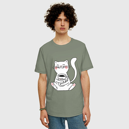 Мужская футболка оверсайз Белый кот с кофе / Авокадо – фото 3