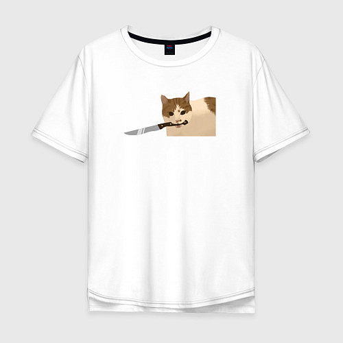 Мужская футболка оверсайз Бело-рыжий кот с ножом / Белый – фото 1