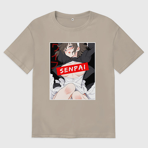 Мужская футболка оверсайз Девушка и надпись Senpai Ahegao / Миндальный – фото 1