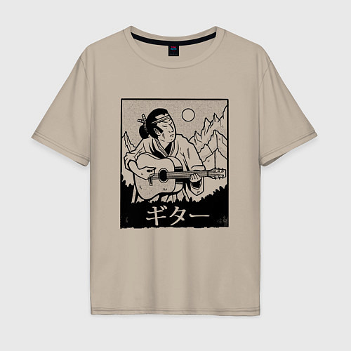 Мужская футболка оверсайз Самурай с гитарой Samurai playing guitar / Миндальный – фото 1