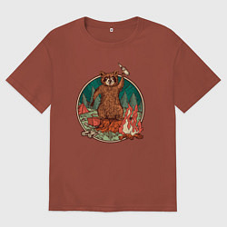 Футболка оверсайз мужская Винтажный енот на отдыхе Camping Raccoon, цвет: кирпичный