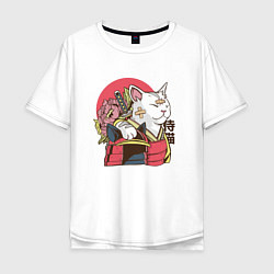 Футболка оверсайз мужская Котик Самурай Samurai Cat Japanese art, цвет: белый