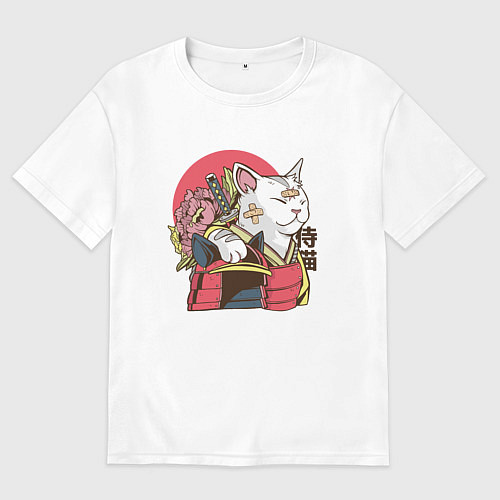 Мужская футболка оверсайз Котик Самурай Samurai Cat Japanese art / Белый – фото 1