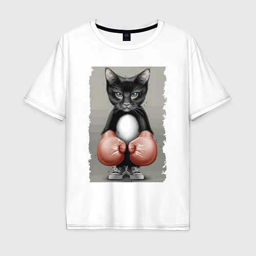 Мужская футболка оверсайз Крутой котяра в боксёрских перчатках Cool cat in b / Белый – фото 1