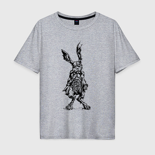 Мужская футболка оверсайз Кролик - драное ухо с часами на животе Rabbit - a / Меланж – фото 1