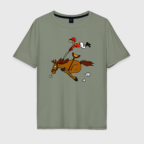 Мужская футболка оверсайз Скачки лошади с жокеем / Авокадо – фото 1