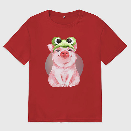 Мужская футболка оверсайз Милый поросенок в шапке-лягушке / Красный – фото 1