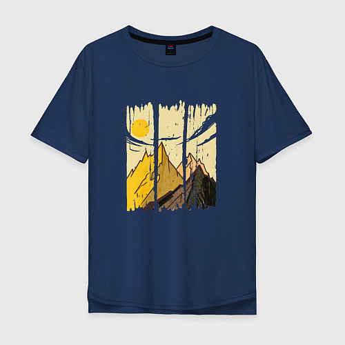 Мужская футболка оверсайз Горный Пейзаж в штрихах Mountain Landscape Strokes / Тёмно-синий – фото 1