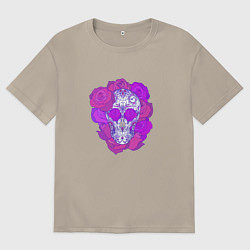 Футболка оверсайз мужская Сахарный череп в розах, цвет: миндальный