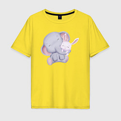 Мужская футболка оверсайз Милый Слонёнок и Крольчонок Обнимаются