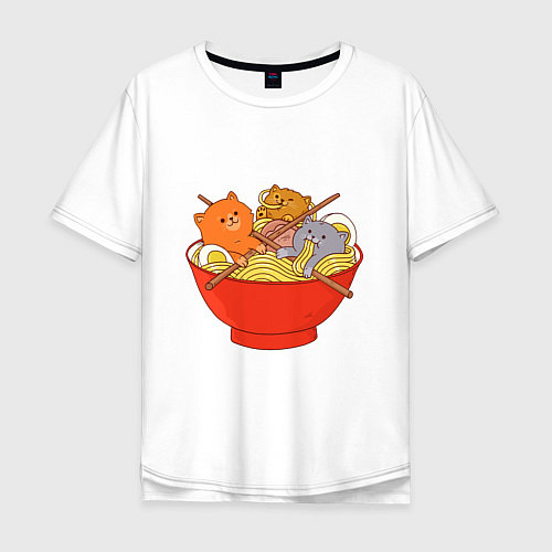 Мужская футболка оверсайз THREE CATS EATING NOODLES / Белый – фото 1