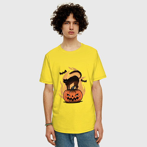 Мужская футболка оверсайз CAT ON A PUMPKIN / Желтый – фото 3