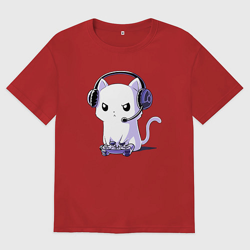 Мужская футболка оверсайз Котёнок игроман The kitten is a gambler / Красный – фото 1