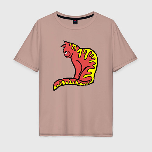 Мужская футболка оверсайз Красно-желтый кот / Пыльно-розовый – фото 1