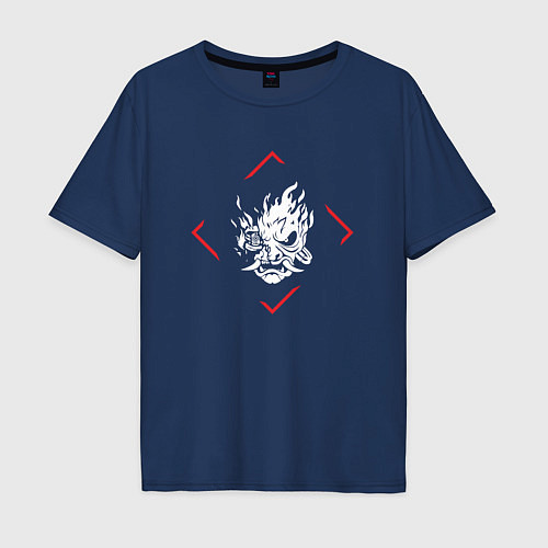 Мужская футболка оверсайз Символ Cyberpunk 2077 в красном ромбе / Тёмно-синий – фото 1