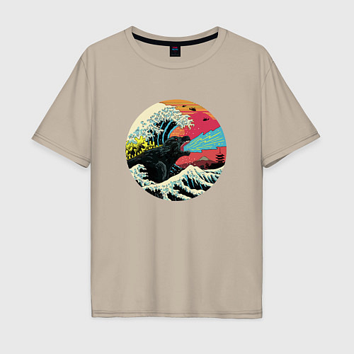 Мужская футболка оверсайз Hokusai Kaiju / Миндальный – фото 1