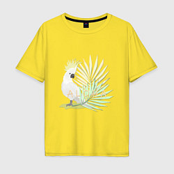 Мужская футболка оверсайз Белый попугай с хохолком на фоне листьев пальмы
