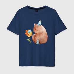 Мужская футболка оверсайз Кошка с птичкой