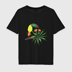 Мужская футболка оверсайз Птица тукан с цветами и листьями