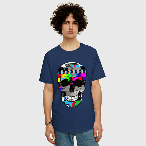 Мужская футболка оверсайз No signal - Skull Glitch / Тёмно-синий – фото 3