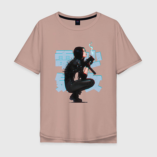 Мужская футболка оверсайз Cyberpunk 2077 Девушка киборг / Пыльно-розовый – фото 1