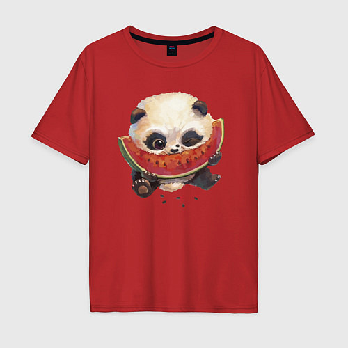 Мужская футболка оверсайз Маленький панда ест арбуз / Красный – фото 1