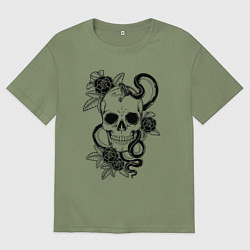 Футболка оверсайз мужская Чёрная мамба обвивает череп и розы, цвет: авокадо