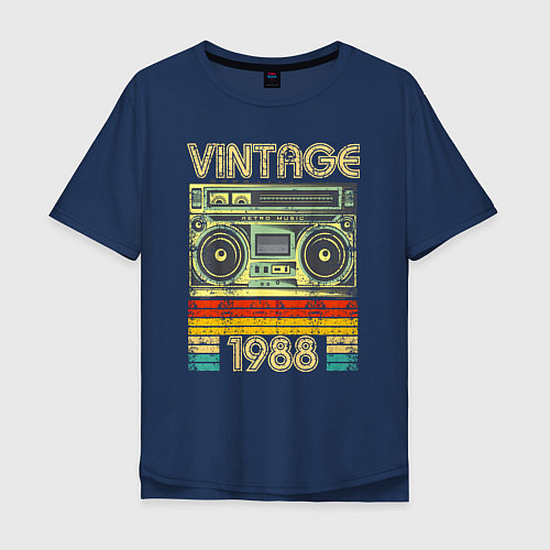 Мужская футболка оверсайз Винтаж 1988 аудиомагнитофон / Тёмно-синий – фото 1