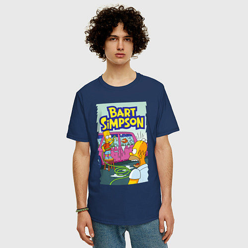 Мужская футболка оверсайз Барт Симпсон устроил из автомобиля аквариум / Тёмно-синий – фото 3