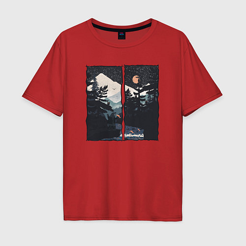 Мужская футболка оверсайз Оранжевая луна и медведь рыбак / Красный – фото 1
