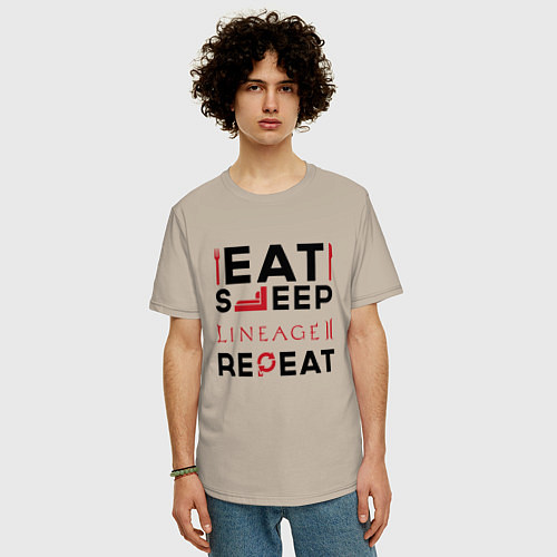 Мужская футболка оверсайз Надпись: eat sleep Lineage 2 repeat / Миндальный – фото 3