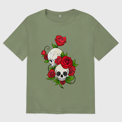 Мужская футболка оверсайз Розы окутывают два черепа / Авокадо – фото 1