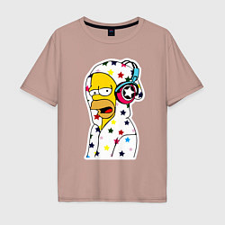 Мужская футболка оверсайз Гомер Симпсон в звёздном балахоне и в наушниках