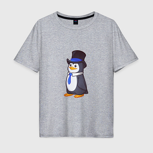 Мужская футболка оверсайз Пингвин в цилиндре / Меланж – фото 1