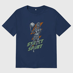 Футболка оверсайз мужская Скелет играет в стритбол, цвет: тёмно-синий